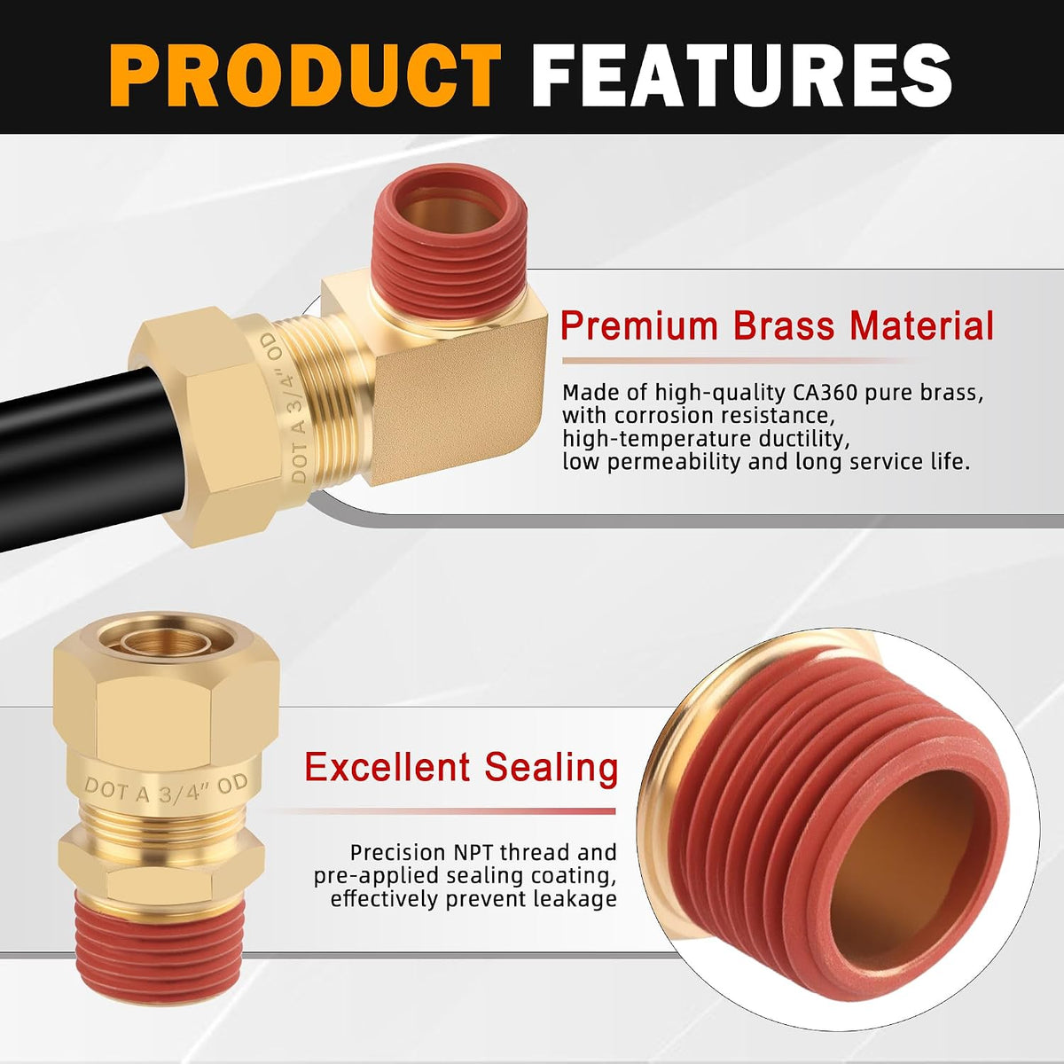 5PCS Brass DOT 3/8" Tube x 3/8"NPT Compression Union Nylon Tubing