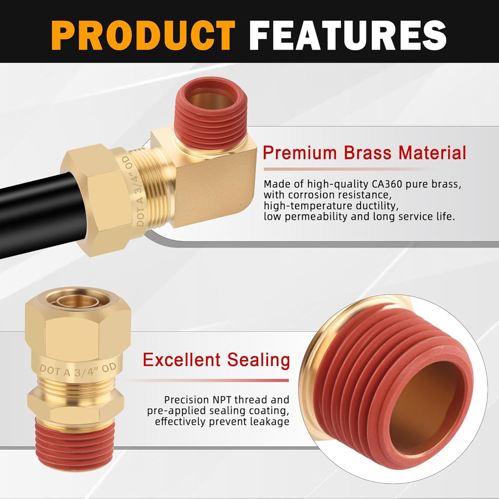 5PCS Brass DOT 5/8" Tube x 3/8" NPT Nylon Tubing 90 Degree Elbow