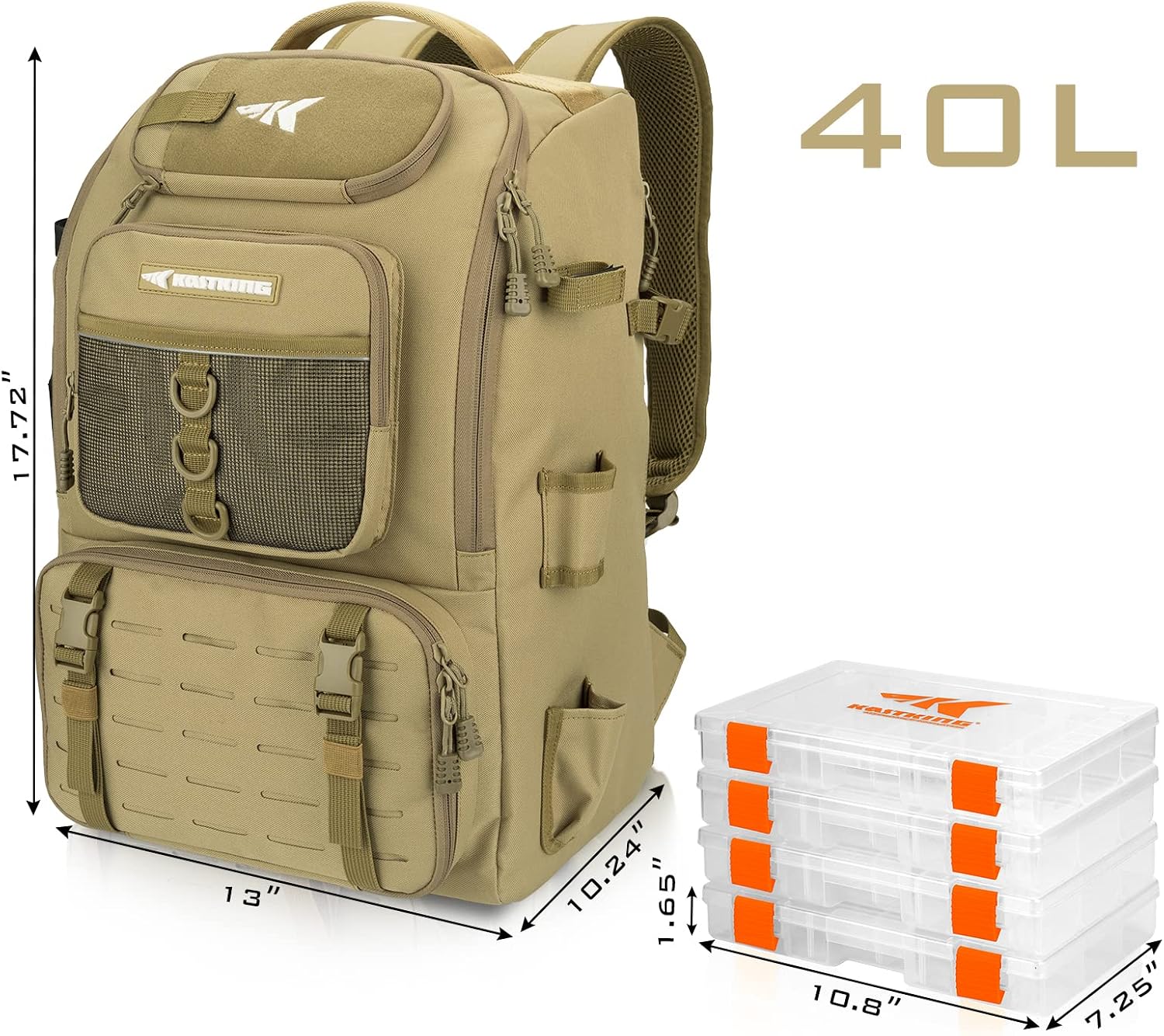 KarryAll Fishing Backpack with Rod Holder 4 Tackle Boxes, 40/26L | Tackle Bag Storage Fishing Gear and Equipment