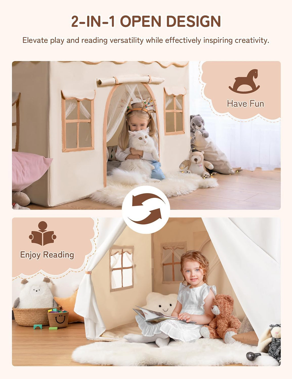 2-in-1 Kids Play Tent, Indoor Tent with Double Doors | 51" x 35" x 51", LED Lights, Soft Floor Mat, 4 Breathable
