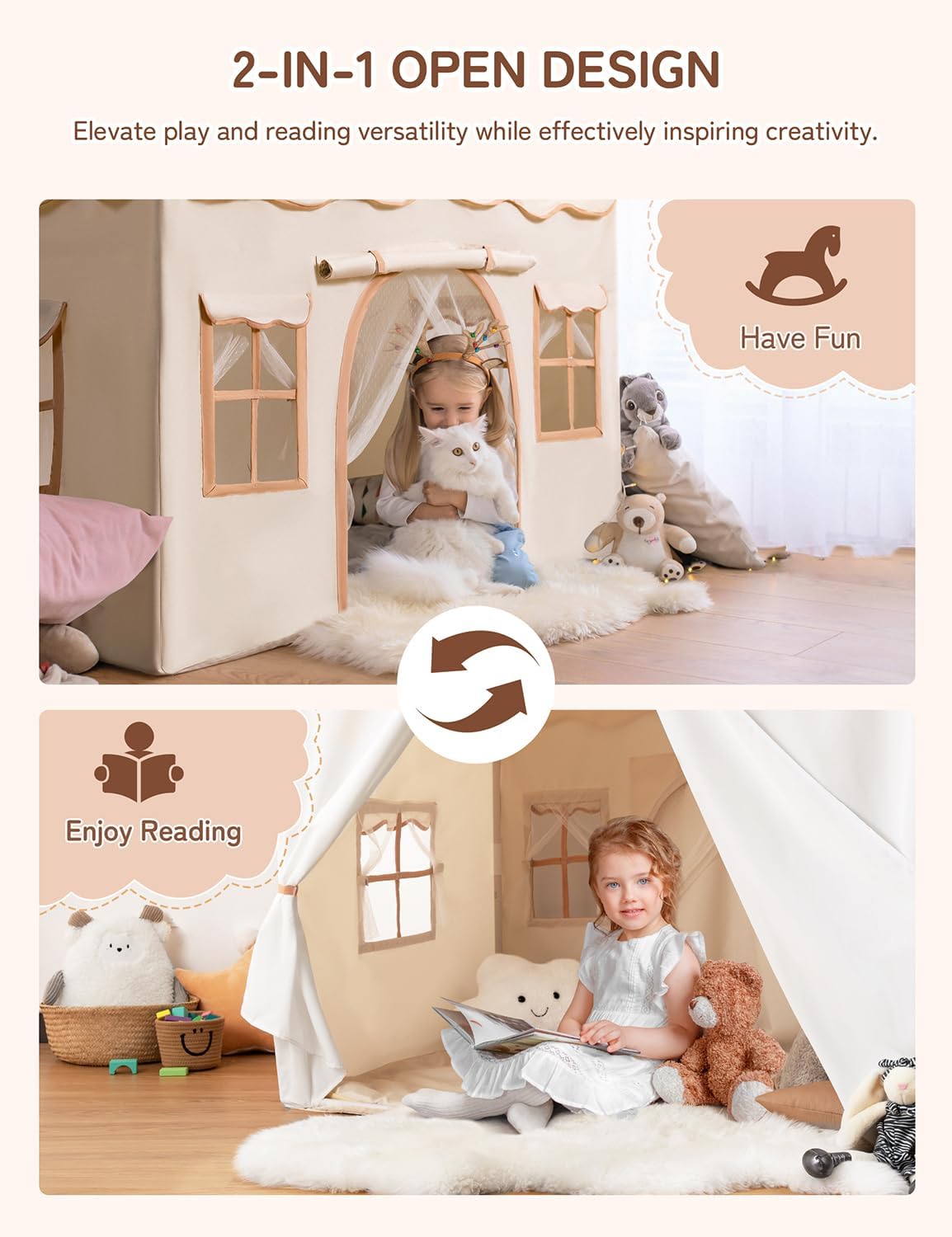 2-in-1 Kids Play Tent, Indoor Tent with Double Doors | 51" x 35" x 51", LED Lights, Soft Floor Mat, 4 Breathable