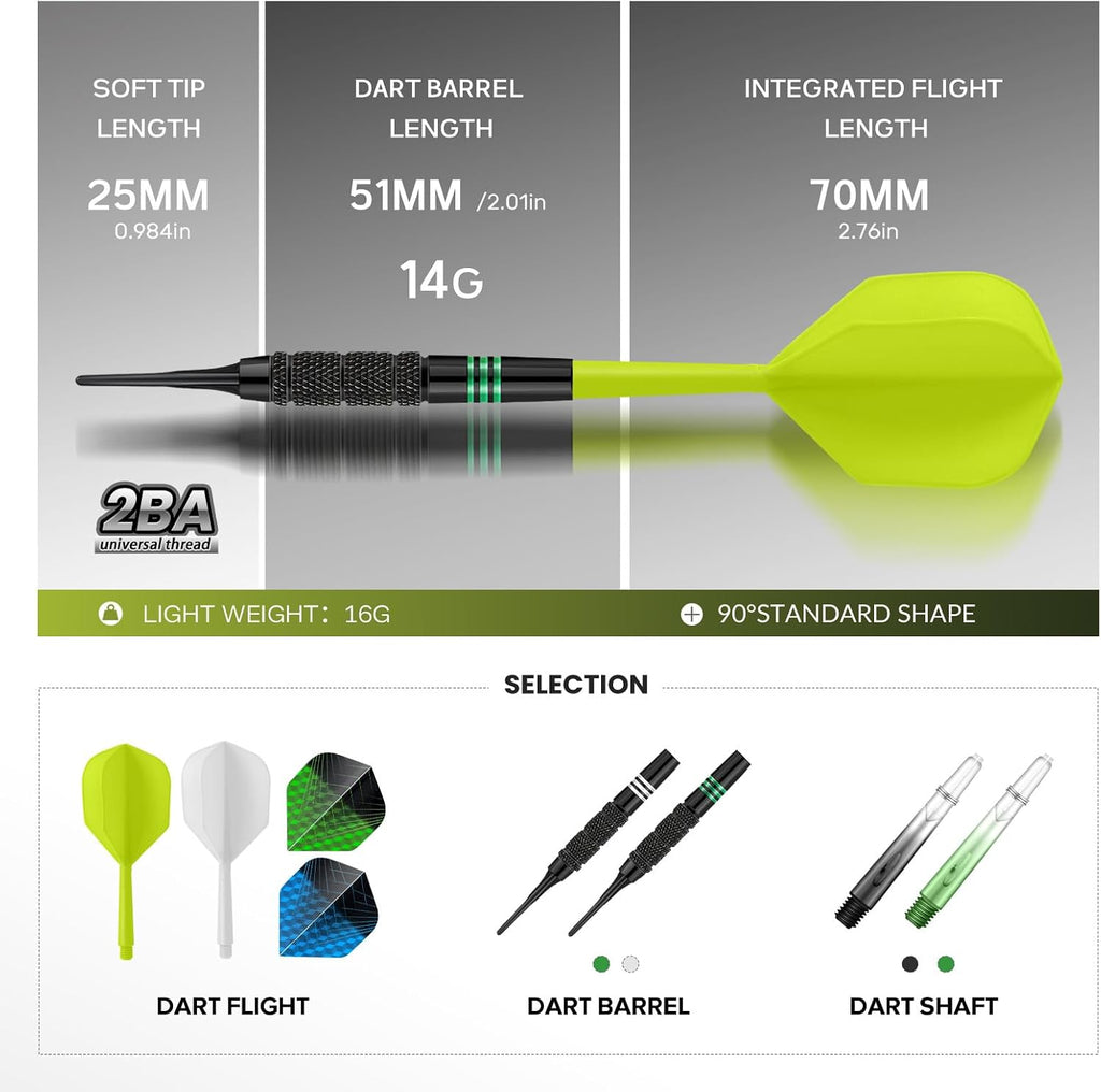 Soft Tip Darts Set 6 Pack – Professional Darts Plastic Tip with Integrated Dart Flights, Extra Dart Stems & Flights