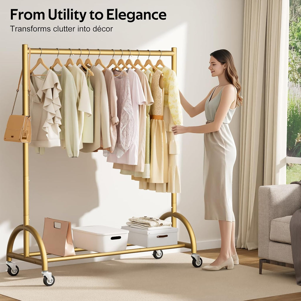 Heavy Duty Clothing Rack with Wheels Rolling Clothes Racks for Hanging Clothes, Coats, Garment, Dress, Gold