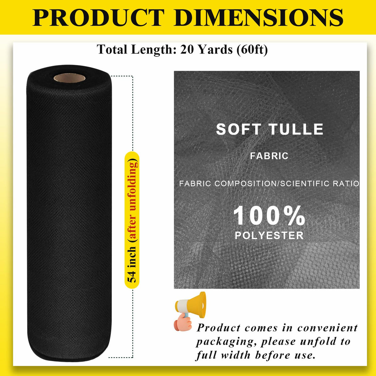 Black Tulle Fabric Roll 54 Inch x 20 Yards, Matte Tulle Ribbon
