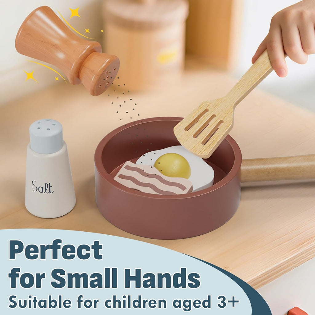 Wooden Play Kitchen Accessories, Play Food for Toddlers 1-3, Toys Pots and Pans for Kids Cooking Set, Pretend Play