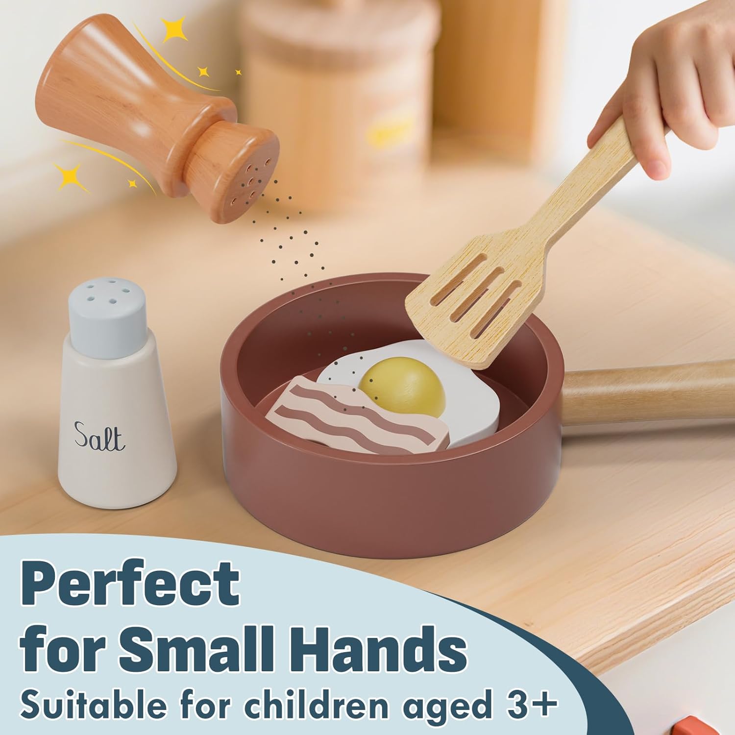 Wooden Play Kitchen Accessories, Play Food for Toddlers 1-3, Toys Pots and Pans for Kids Cooking Set, Pretend Play