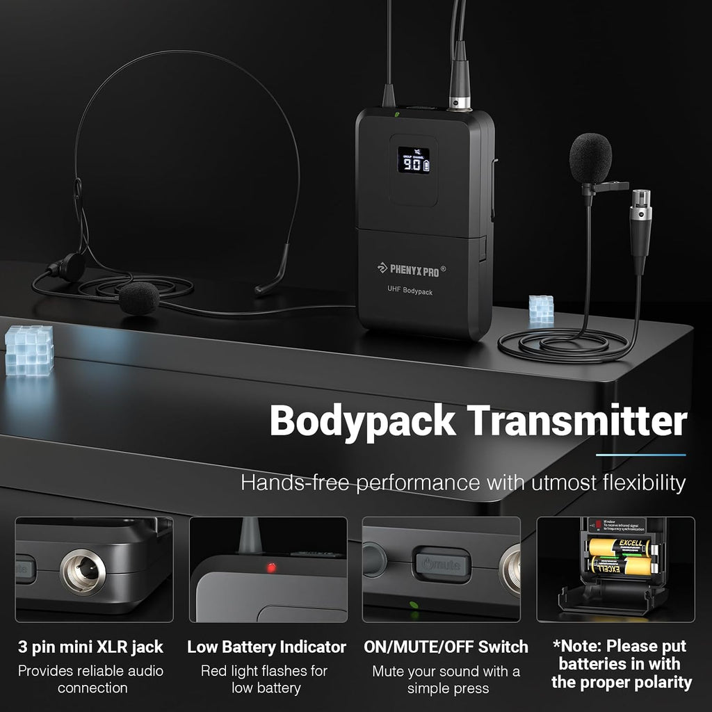 Wireless Microphone System, Dual Channel 100 UHF Metal Receiver, 328ft Range Auto Scan, Cordless Handheld & Bodypack