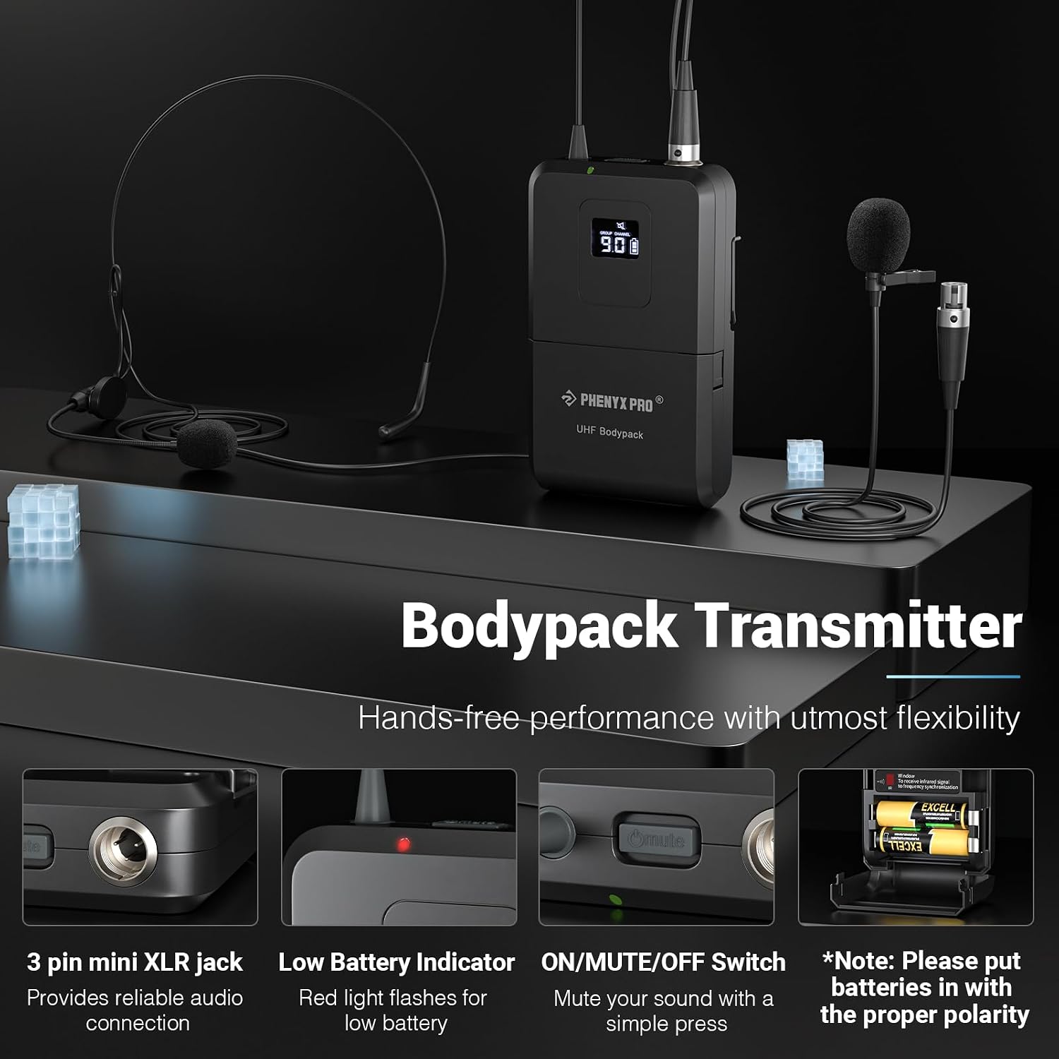 Wireless Microphone System, Dual Channel 100 UHF Metal Receiver, 328ft Range Auto Scan, Cordless Handheld & Bodypack