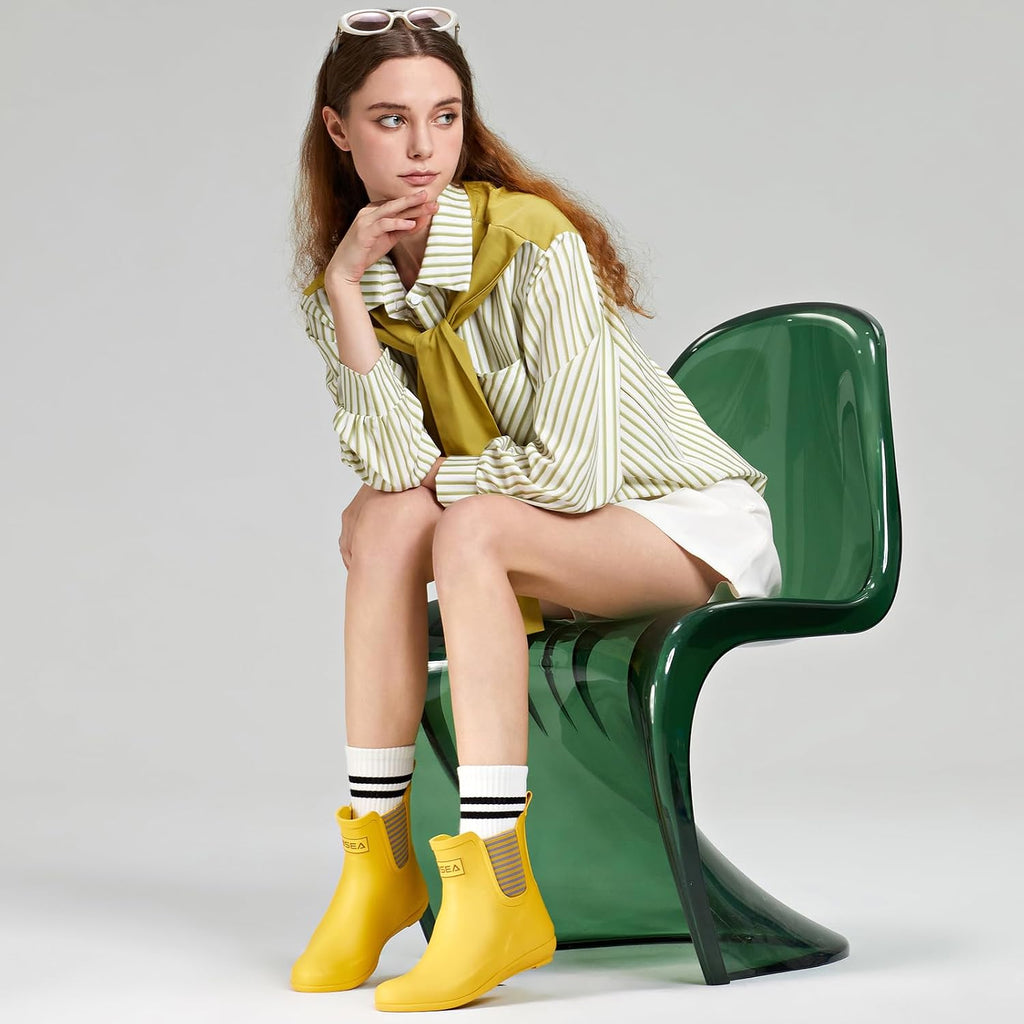 Rubber Rain Boots for Women, Slim Fit Waterproof Chelsea Rain Boots Short Ankle Garden Shoes, Wedge Heel