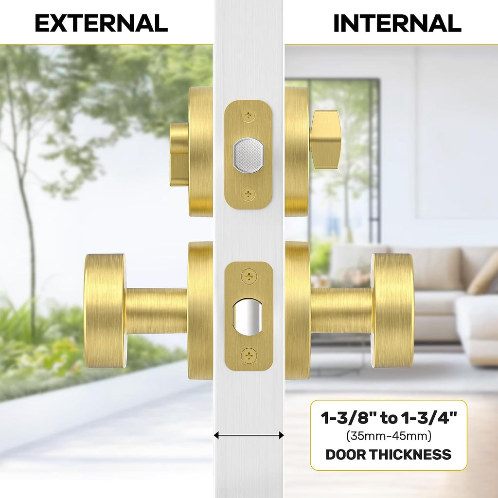 Gold Door Knob with Deadbolt Lock, Satin Brass Front Door Handle with Deadbolt Lock Set, Round Deadbolt and Exterior