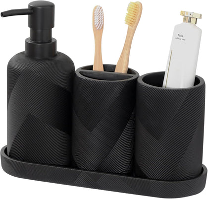Bathroom Accessories Set, Bathroom Organizer Countertop, Matte Black, 4 PCS | Modern,Simple,Stripe, With 10OZ Soap