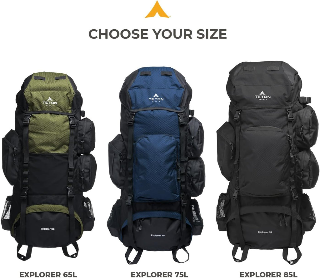 Teton 65L Explorer Internal Frame Backpack for Hiking, Camping, Backpacking, Rain Cover Included, Black