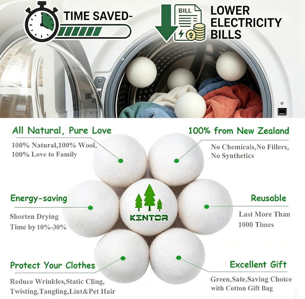 Wool Dryer Balls XL 6-Pack, Reusable Natural Laundry Fabric Softener