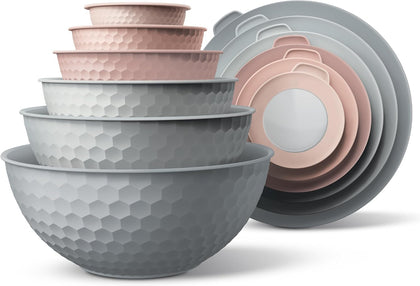 Mixing Bowls with Lids - 12 Piece Plastic Nesting Bowls Set includes 6 Prep Bowls and 6 Lids, Microwave Safe Mixing