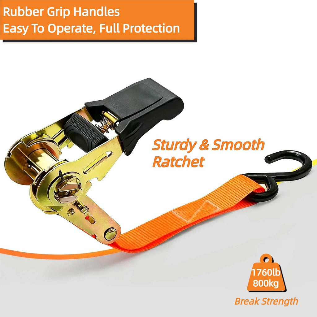 8PK Ratchet Tie Down Straps - 1in x 16feet, 1760LBS Break Strength, 8 Soft Loops, Wear-Resistant Webbing with