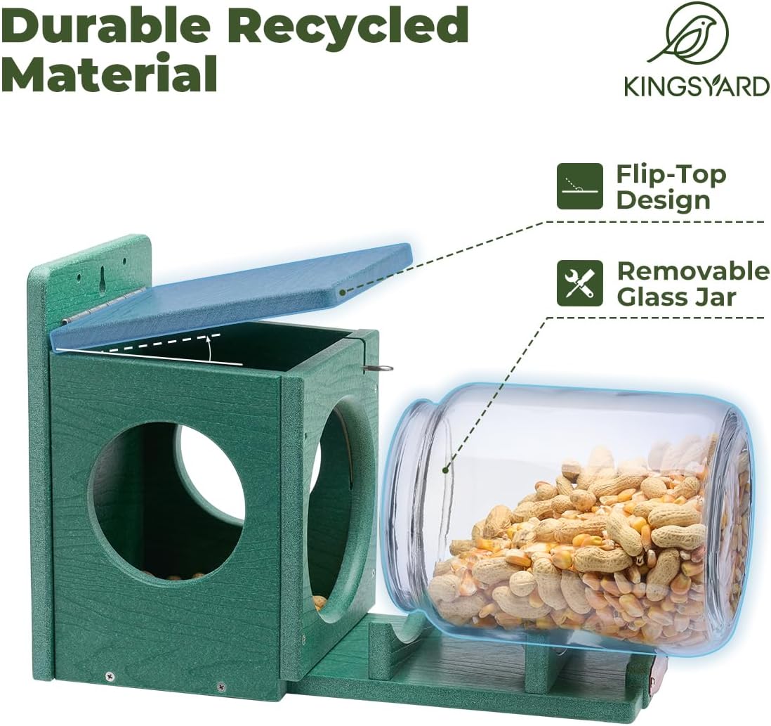 Recycled Plastic Squirrel Feeder for Outside, Squirrel Feeder Box with Peanuts Corn Storage Jar, Sturdy & Durable