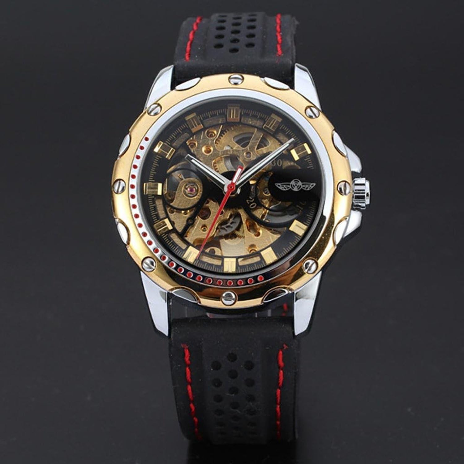 Black Silicone Golden Skeleton Automatic Mechanical Mens Sport Watch