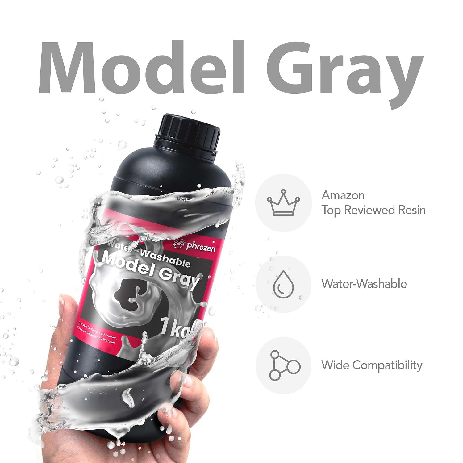 Water-Washable 3D Printer Resin [Model Gray], 405nm LCD UV-Curing Photopolymer Resin for High Precision Printing, Low