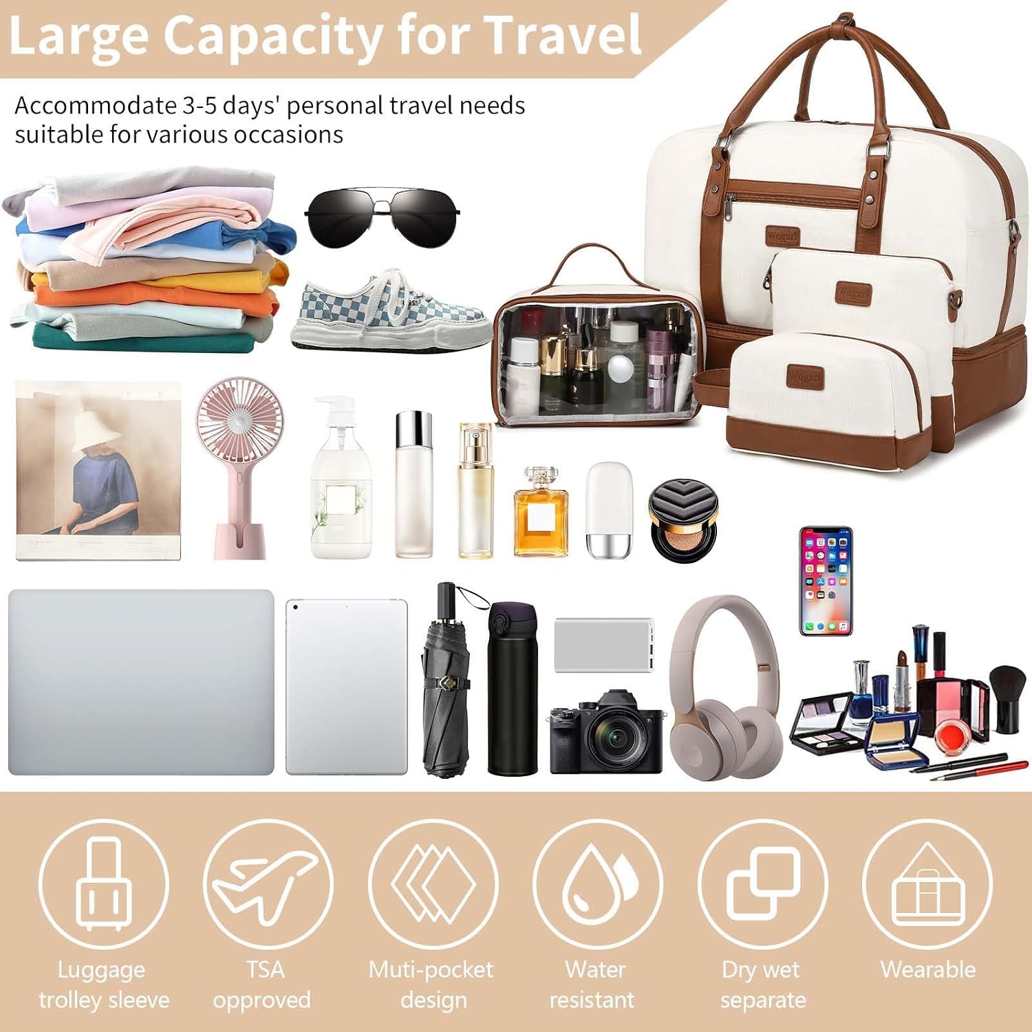 4PCS Weekender Bags for Women Large Overnight Weekend Travel Duffel Carry on Shoulder with Shoe Compartment Canvas