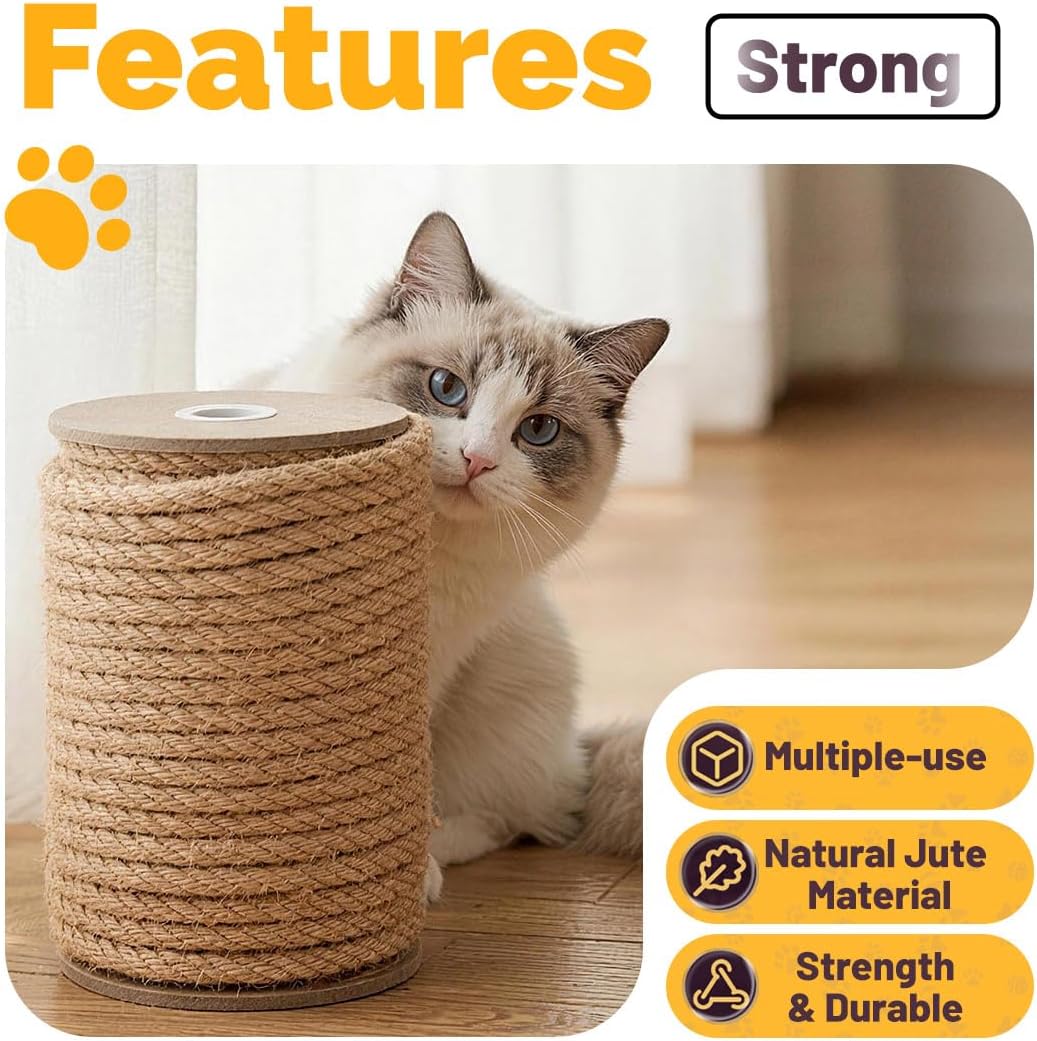 Jute Rope 8MM x 50FT Heavy Duty and Thick Twine Rope for Crafts Projects Gardening Bundling Cat Scratcher Scratching