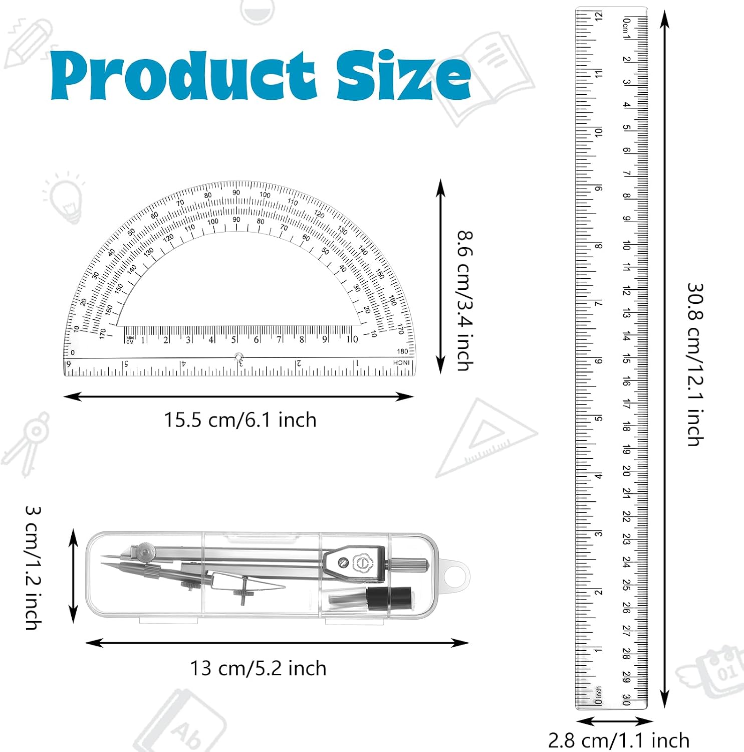 3 Pcs Plastic Ruler 6 Inch Protractor Drawing Compass Set, Student Geometry Math Transparent Measuring Tools for Home