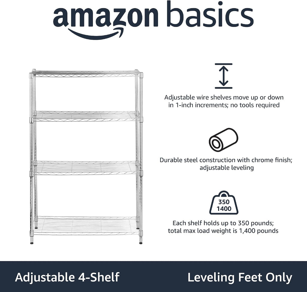 4-Shelf Adjustable Heavy Duty Steel Wire Rack Storage Shelving Unit for Kitchen, Garage, Easy Assembly, 350 lbs Per