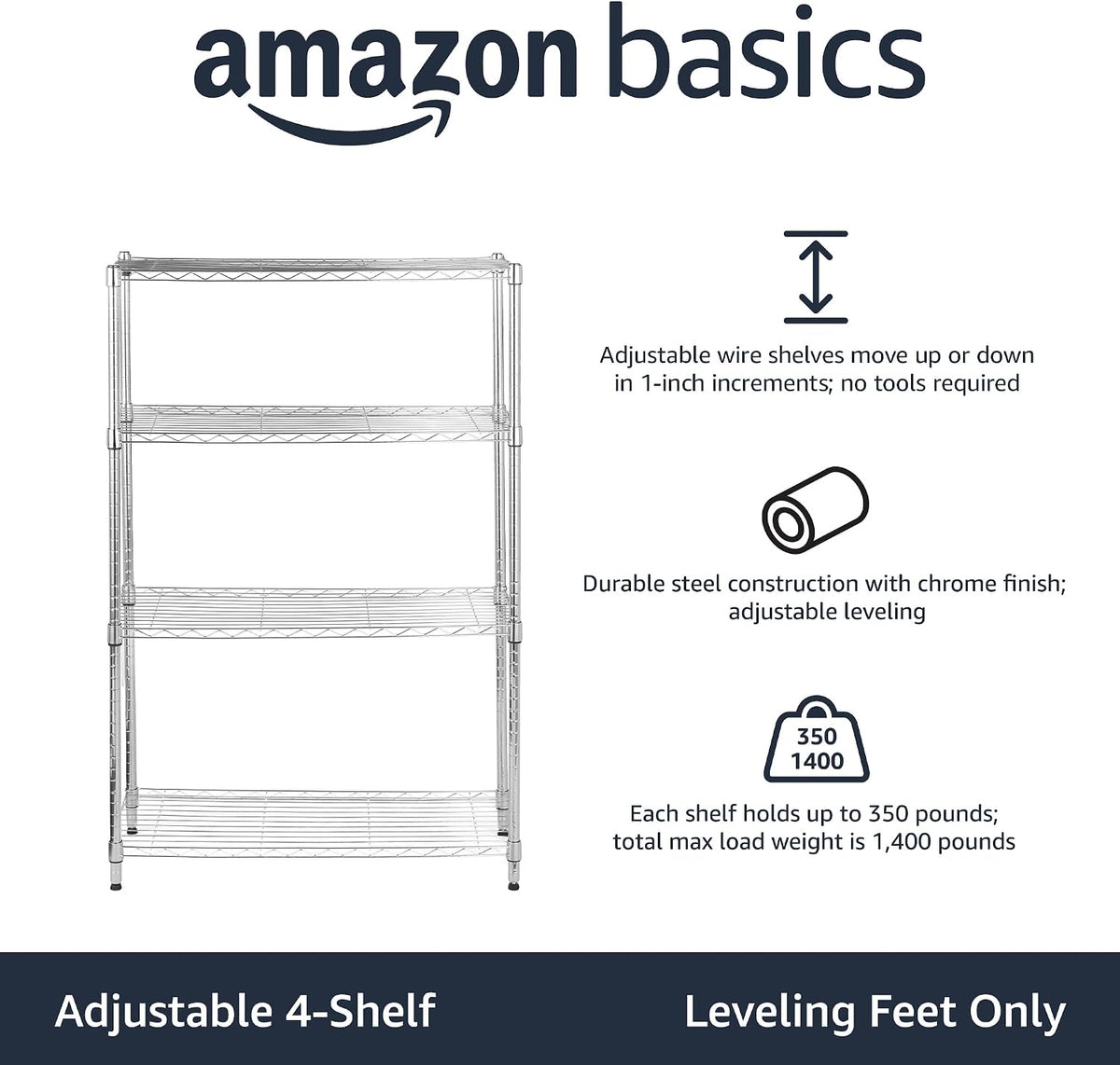 4-Shelf Adjustable Heavy Duty Steel Wire Rack Storage Shelving Unit for Kitchen, Garage, Easy Assembly, 350 lbs Per