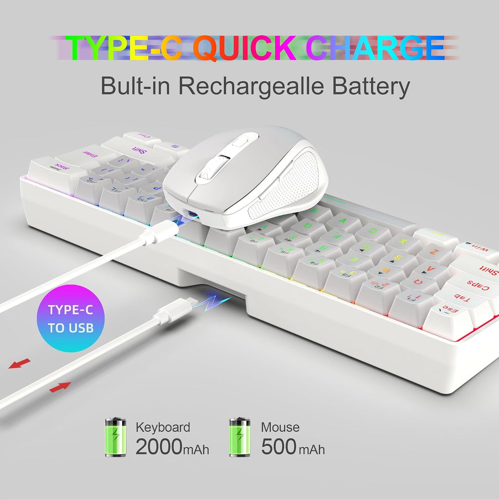 2.4G 60% Wireless Gaming Keyboard and Mouse Combo (White-Grey) | Include Mini Wireless Gaming Keyboard, Ergonomic