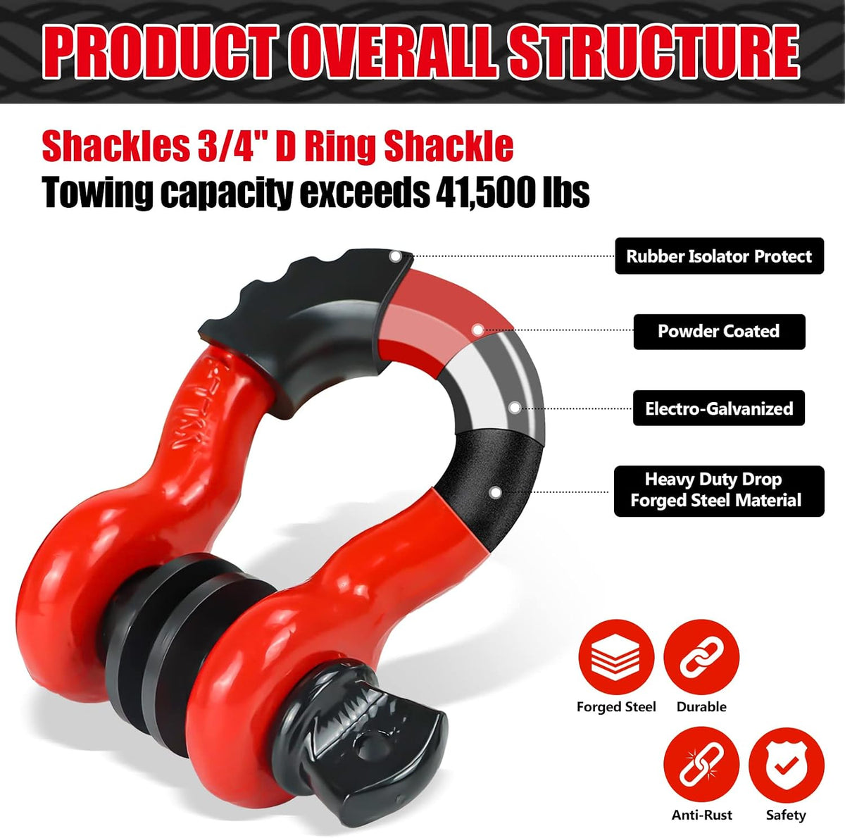 Kinetic Recovery Rope 56,000lbs with 2 D-Rings, Tow Ropes for Trucks Pickup