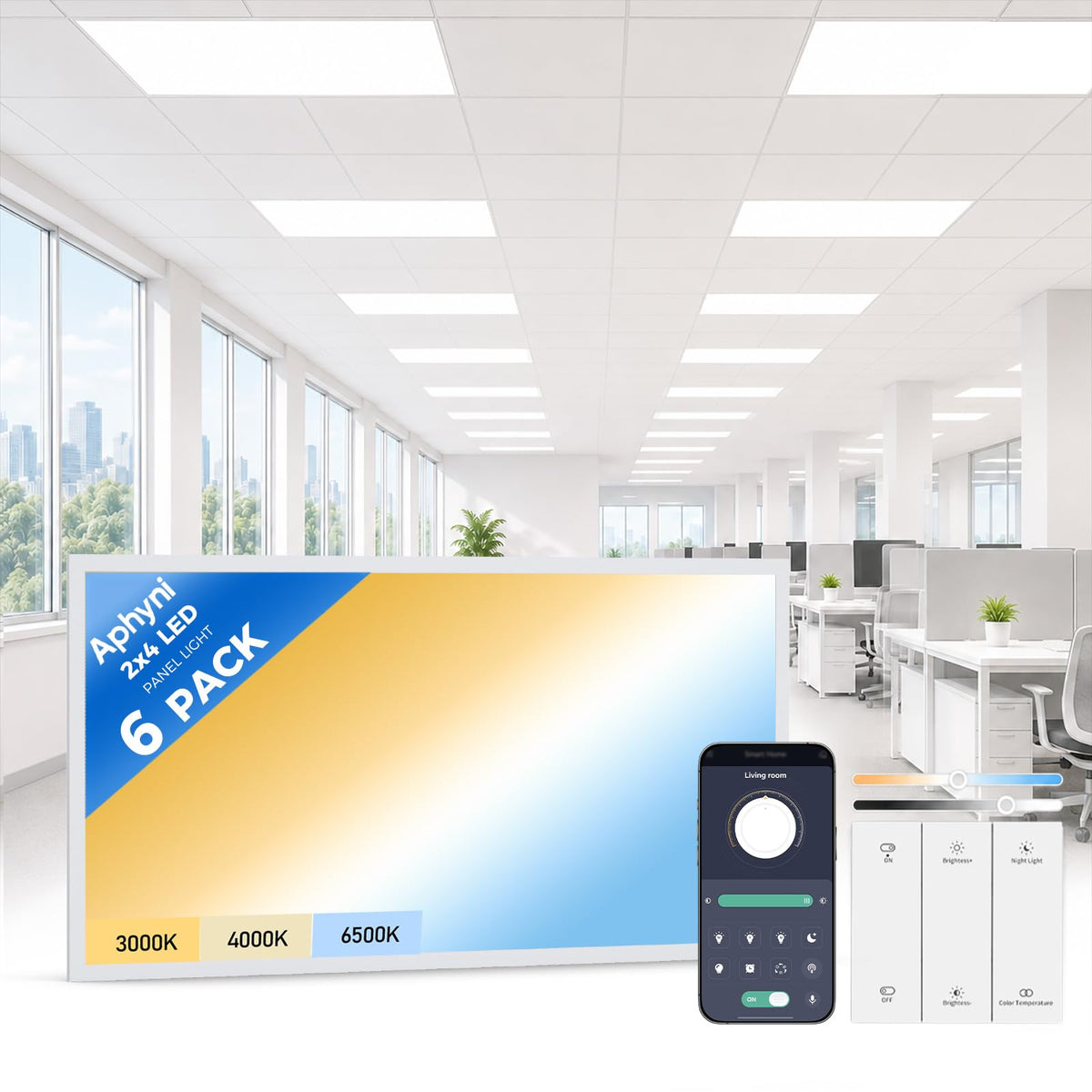 2x4 LED Flat Panel Light 6 Pack, 70W 9310LM, 2.4G Wireless Switch & App