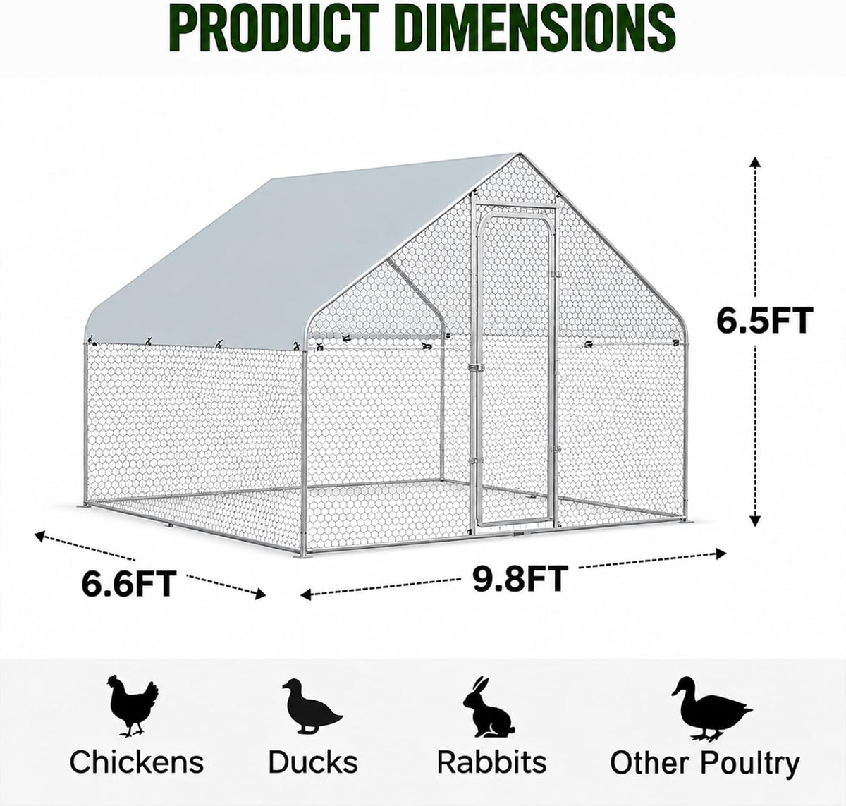 Small Metal Chicken Coop Run Walk-in 4.9'x9.8'x6.4' Duck House