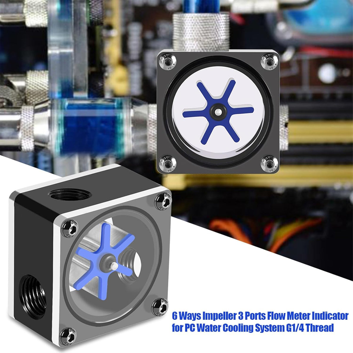 FOSA Flow Meter Indicator for PC Water Cooling System, G1/4 Threaded 6 Impeller 3 Ways Computer Water Flow Meter