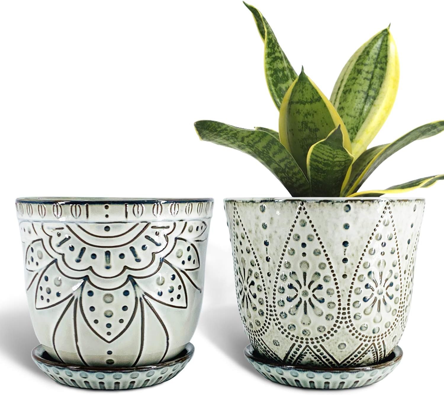 6 Inch Beaded Ceramic Planter Set of 2 with Drainage Hole and Saucer for Plants, Indoor-Outdoor Large Round Succulent