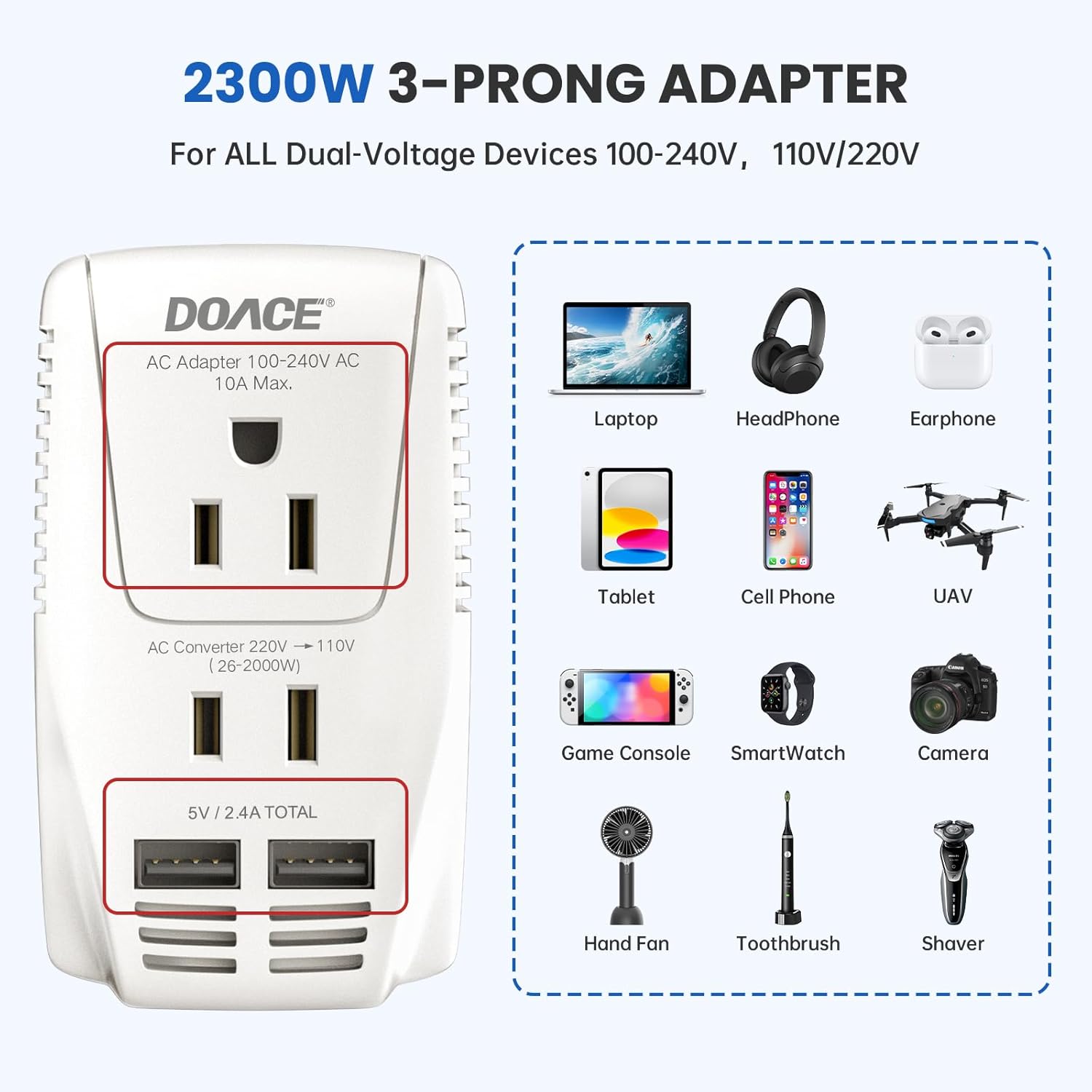 Upgraded 2000W 220V to 110V Converter for European Travel, Voltage Converter US to Europe for Hair Dryer Straightener