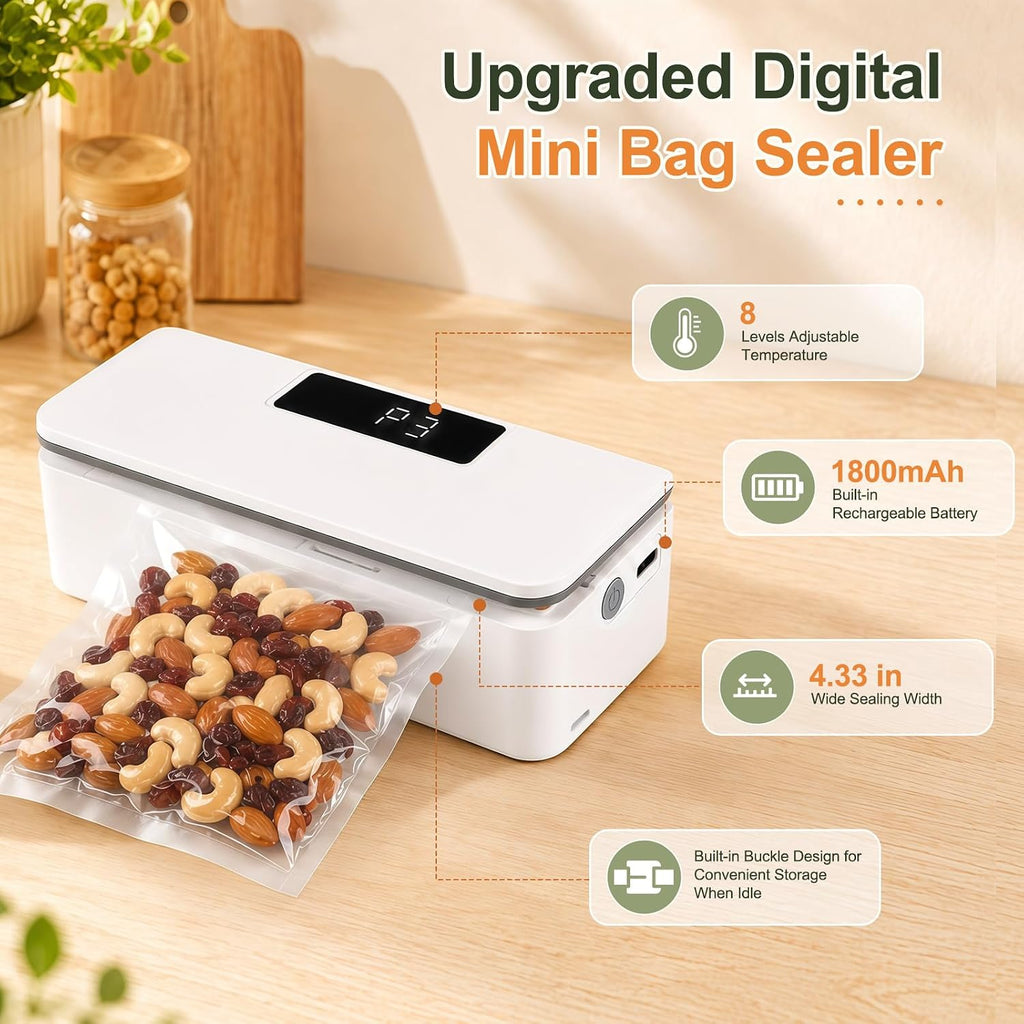 Mini Bag Sealer with Cutter & Magnetic Back, USB Rechargeable Heat Sealer