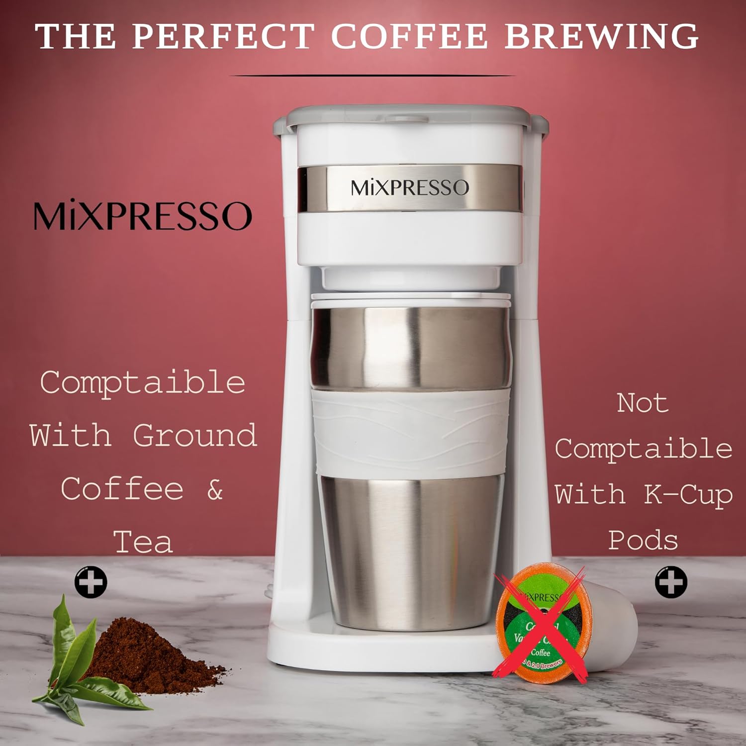 Single Serve & Single Cup Coffee Maker with 14oz Travel Mug White | For ground coffee only, reusable filter, auto