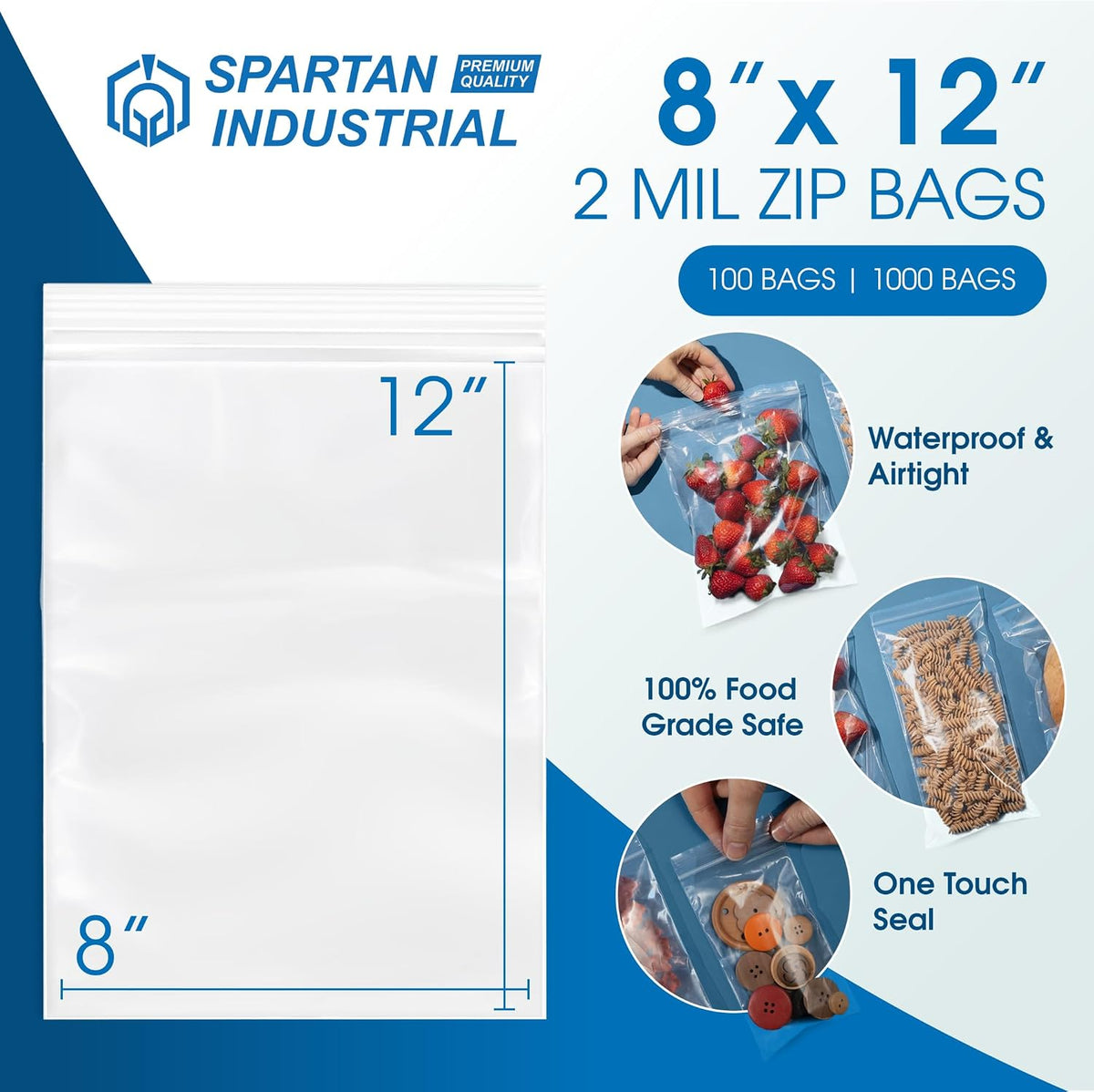 8” X 12” (100 Count) 2 Mil Clear Reclosable Zip Plastic Poly Bags