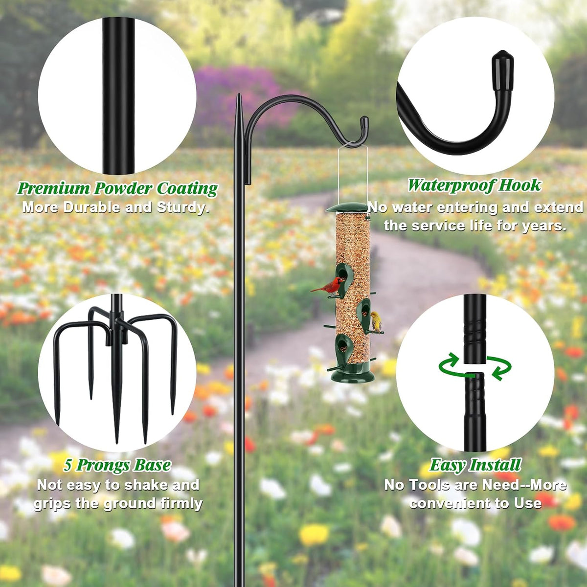 63'' Bird Feeder Pole, 5-Prong Base Shepherds Hook for Outdoor