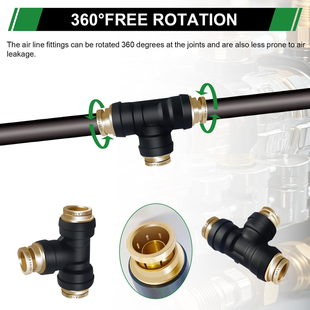 Japtend 1/4" DOT Air Brake Line Tee Fittings 3PCS, Quick Push To Connect