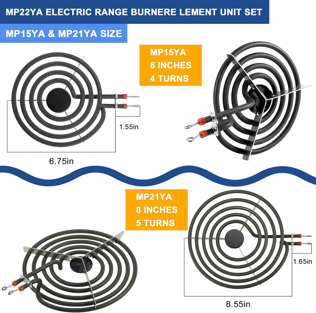 Upgrade MP22YA 4 Pack Electric Range Burner Element Unit Set Include 2 x MP21YA 8" Stove Burner & 2 x MP15YA 6" Stove Burner Element Fit for Frigi-daire Whirl-pool Ken-more Range Stove By Fetechmate