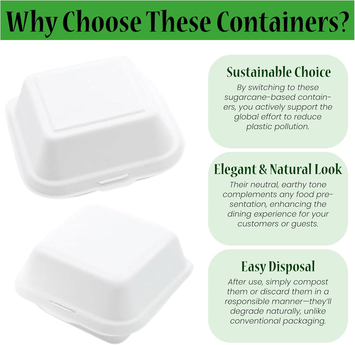 100% Compostable Clamshell Single Compartment Take Out Food Containers 6x6". 25 Containers, Natural Disposable
