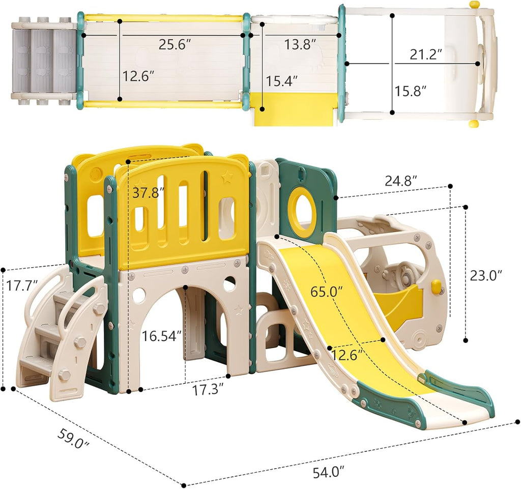Toddler Slide Kids Slide Playset for Babies Bus Themed Toddler Playground with Climber Baskteball Hoop Indoor