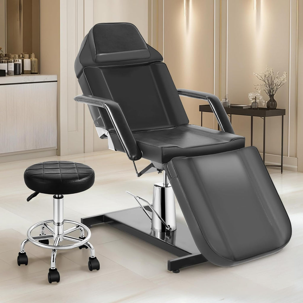 Facial Tattoo Chair, Hydraulic Esthetician Bed with Rolling Stool, Extended Head Spa Tattoo Artist Massage Table 360°