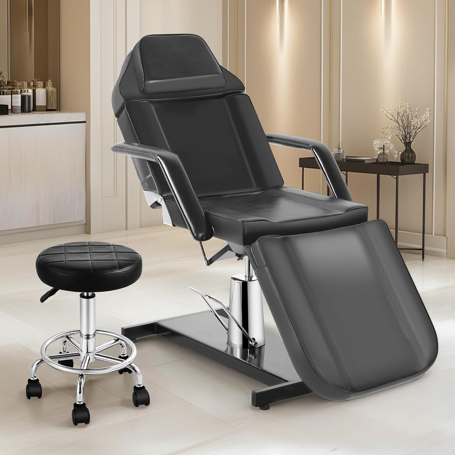 Facial Tattoo Chair, Hydraulic Esthetician Bed with Rolling Stool, Extended Head Spa Tattoo Artist Massage Table 360°