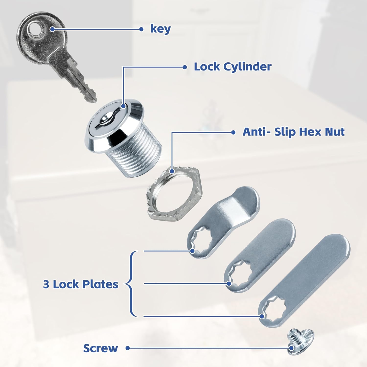 Cabinet Cam Locks Keyed ，5/8" Cabinet Cam Lock for Files Drawers Tool Box Barrel Lock, 6 Pack