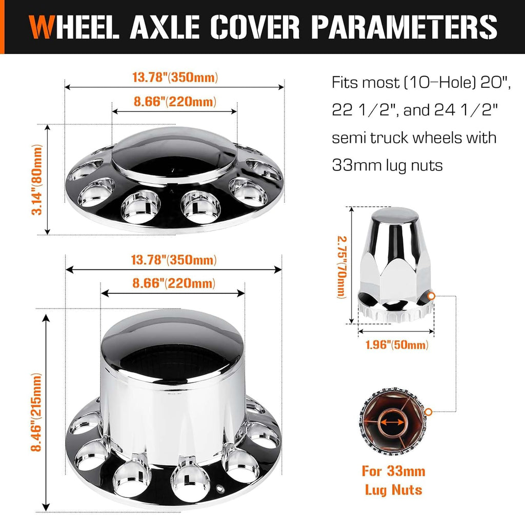 Dome Axle Cover Combo Kits for Semi Truck Hubs w/Screw-On 33mm Lug Nut, ABS Plastic Chrome Plated, 2 Front & 4 Rear