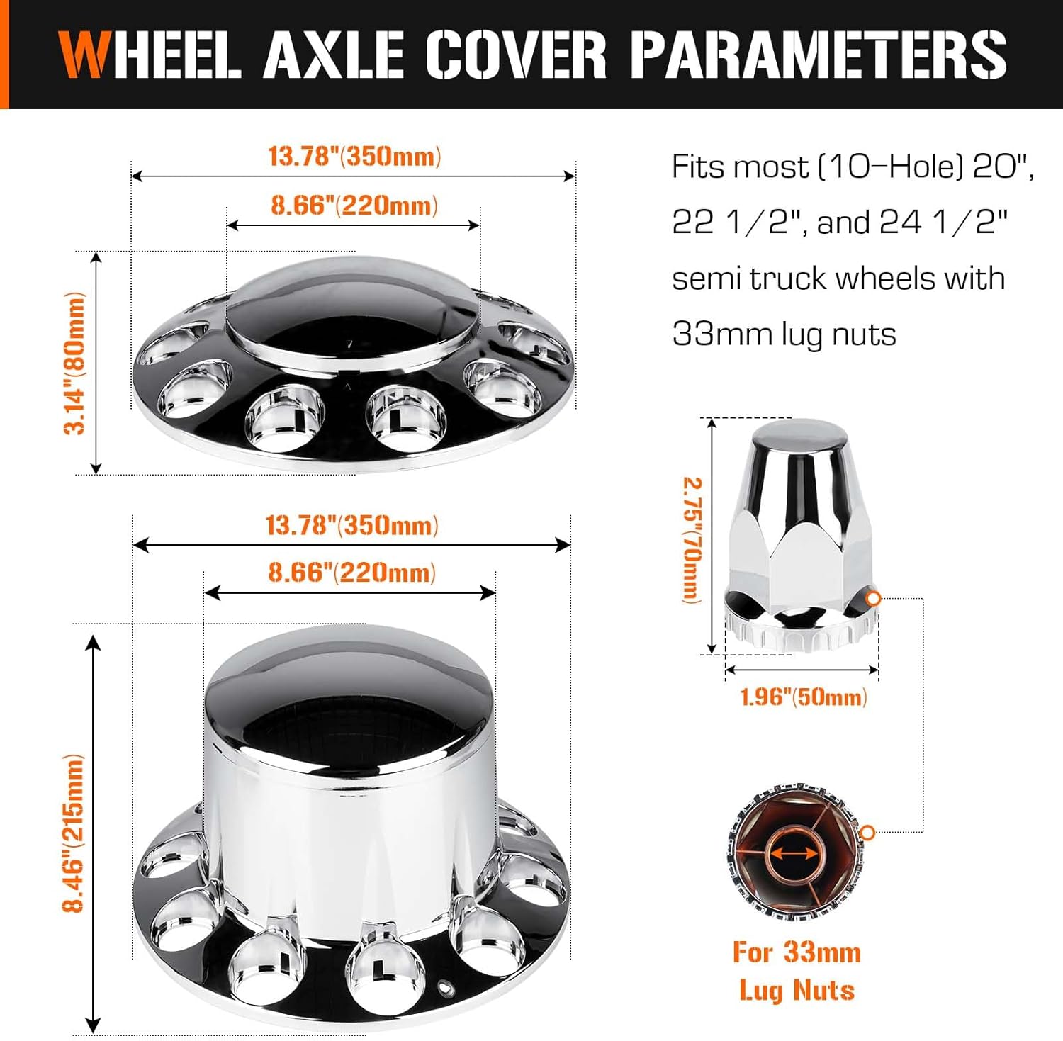 Dome Axle Cover Combo Kits for Semi Truck Hubs w/Screw-On 33mm Lug Nut, ABS Plastic Chrome Plated, 2 Front & 4 Rear