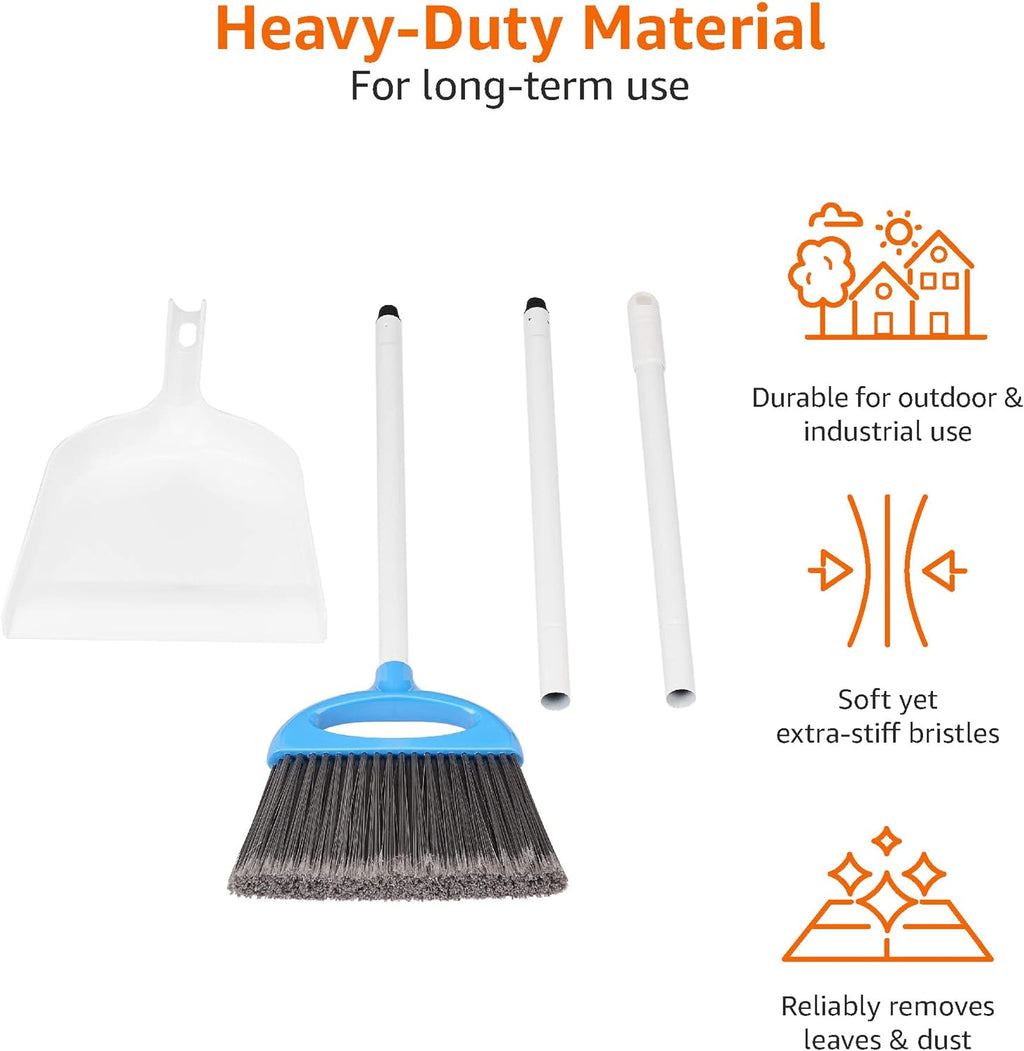 Dustpan Broom Set with Adjustable Long Handle, Easy to Assemble, Blue and White