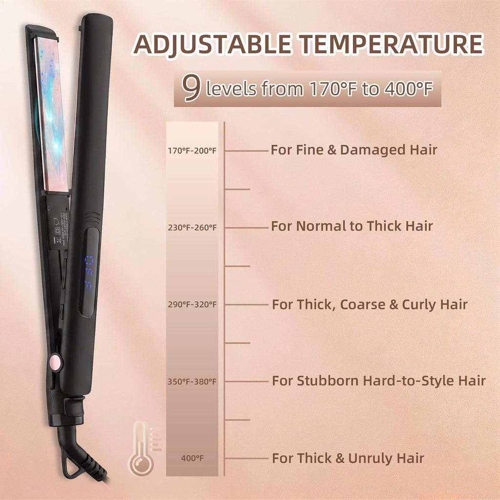 Hair Straightener, Ionic Titanium Ceramic Floating Plates Curler, 20s Fast Heating, 9 Temp Settings 170-400°F, Dual