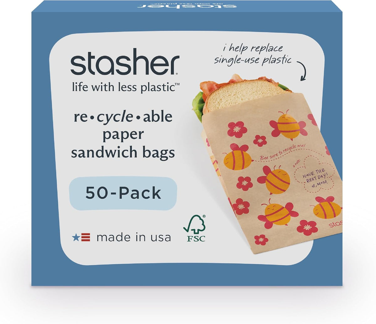 Recyclable Sealable Paper Sandwich Bags for Kids, 50 ct, Bee
